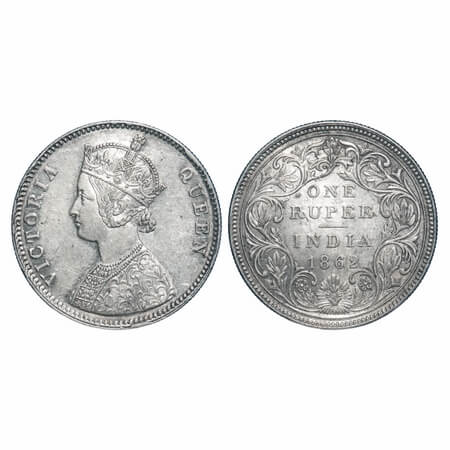 Victoria Queen, Silver, Rupee, 1862, Bombay Mint, A/II, Raised thin privy mark 'V', Obv w/