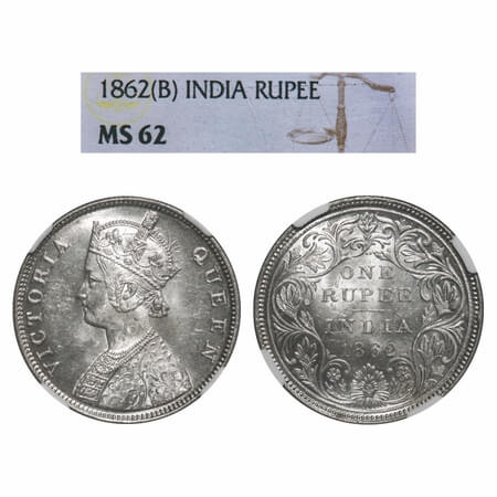 Victoria Queen, Silver, Rupee, 1862, Bombay Mint, B/II/2/0. F. Prid 71. GK 287. NGC Slabbe