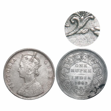 Victoria Queen, Silver, Rupee, 1862, Bombay Mint, B/II/2/0, Top 2 dots are in oval shape w