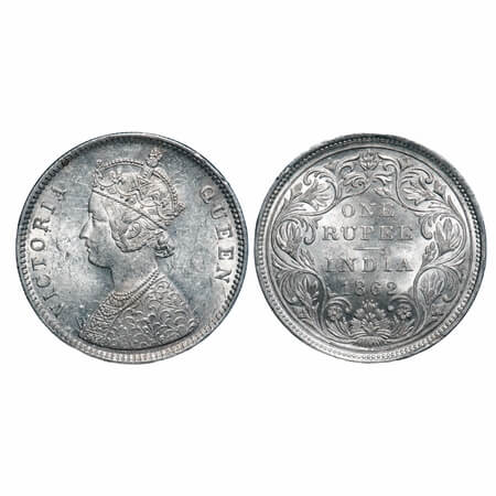 Victoria Queen, Silver, Rupee, 1862, Bombay Mint, A/II/0/4, w/o initial 'J', 4 dots placed