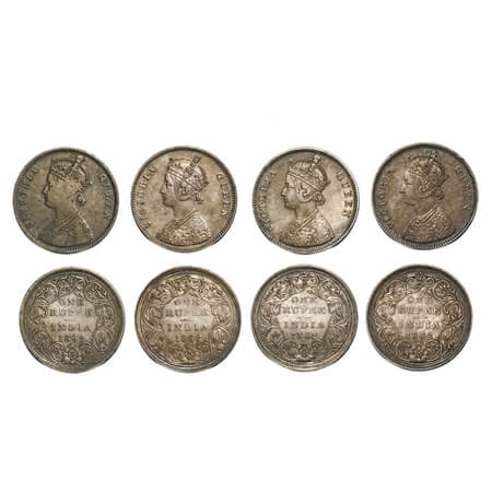 Victoria Queen, Silver, Rupee, 1862, (4 coins), 1) Bombay Mint, A/II/0/4, w/o initial 'J',
