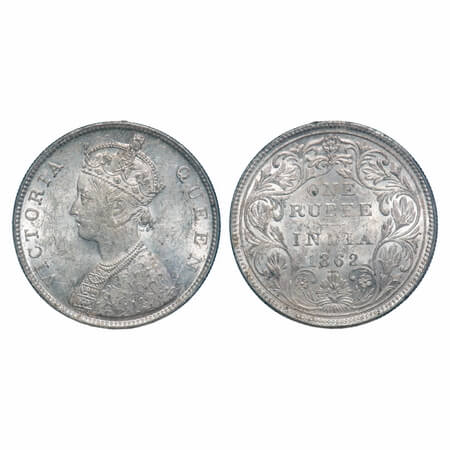 Victoria Queen, Silver, Rupee, 1862, Bombay Mint, B/II/0/4, The 4 dots arranged are in hor