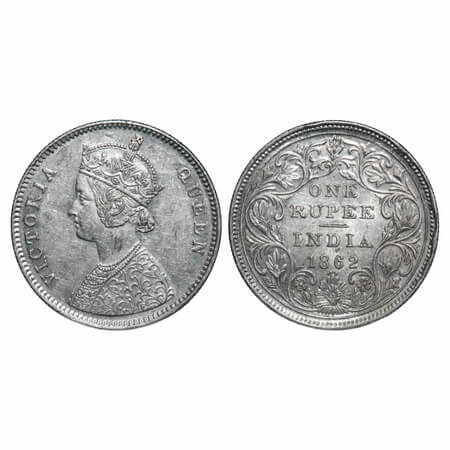 Victoria Queen, Silver, Rupee, 1862, Bombay Mint, A/II/0/1/4, Top dot in center of top flo