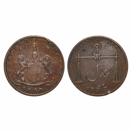 Bombay Presidency, Copper Quarter Anna, 6.21g, AD 1830 / 1246 AH. P.Stevens (page 270) 5.1