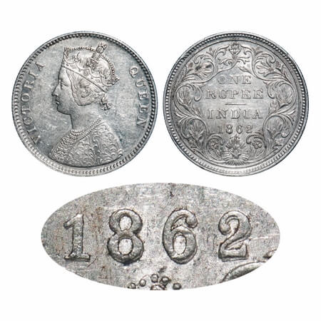 Victoria Queen, Silver, Rupee, 1862, Bombay Mint, A/II/0/5, Complete 'D' in India, w/o ini