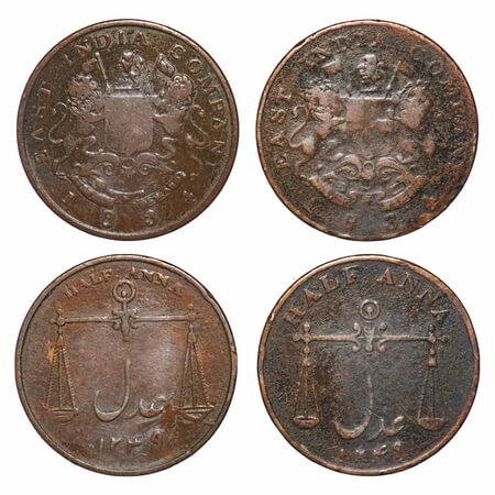 Bombay Presidency, Copper ½ Anna (2 Coins), 1834 AD, Obv: Arms of EIC Company, Rev: Scales