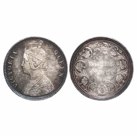 Victoria Queen, Silver, Rupee, 1862, Bombay Mint, A/II/0/10, w/o initial 'J'. F. Prid 93. 