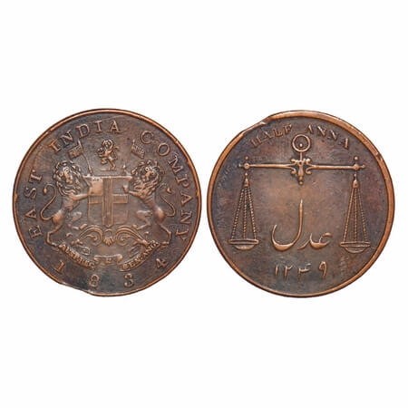 Bombay Presidency, Copper ½ Anna, 12.67g, 1834 AD, Obv: Arms of EIC Company, Rev: Scales o
