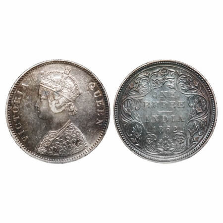 Victoria Queen, Silver, Rupee, 1862, Bombay Mint, A/II/0/10, w/o initial 'J'. F. Prid 93. 