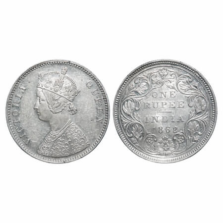 Victoria Queen, Silver, Rupee, 1862, Bombay Mint, A/II/0/10, w/o initial 'J'. F. Prid 93. 