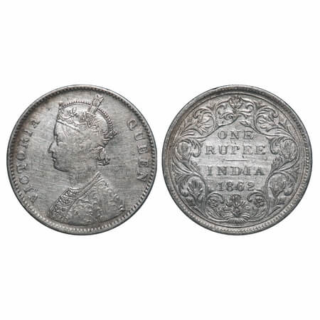 Victoria Queen, Silver, Rupee, 1862, Bombay Mint, A/II/0/10, Flat shoulder, w/o initial 'J