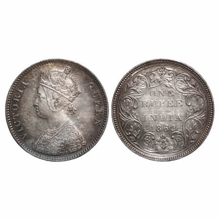 Victoria Queen, Silver, Rupee, 1862, Bombay Mint, A/II/0/10, w/o initial 'J', Flat shoulde