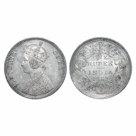 Victoria Queen, Silver, Rupee, 1862, Bombay Mint, A/II/1/1, With initial 'J'. F. Prid 99. 