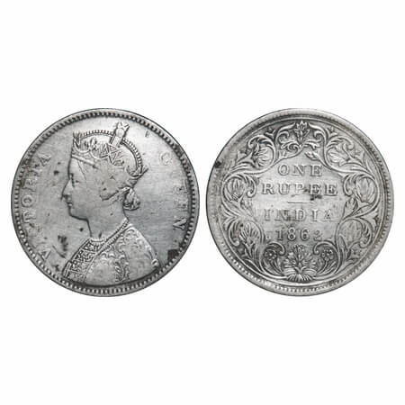 Victoria Queen, Silver, Rupee, 1862, Bombay Mint, A/II/0/12, Re arranged dots. F. Prid 100