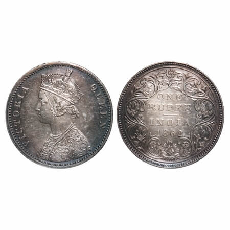 Victoria Queen, Silver, Rupee, 1862, Bombay Mint, A/I/1/2, With initial 'J'. F. Prid 102. 