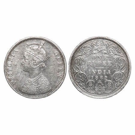 Victoria Queen, Silver, Rupee, 1862, Bombay Mint, A/I/1/2, With initial 'J'. F. Prid 102. 