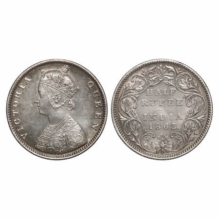 Victoria Queen, Silver, Half Rupee, 1862, Calcutta Mint, C/II, Round Pearls, With incused 