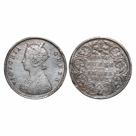 Victoria Queen, Silver, Half Rupee, 1862, Calcutta Mint, A/II, Round Pearls, With raised v