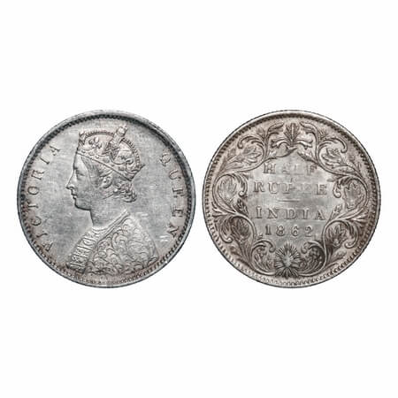 Victoria Queen, Silver, Half Rupee, 1862, Bombay Mint, B1/II, Round Pearls with raised vei
