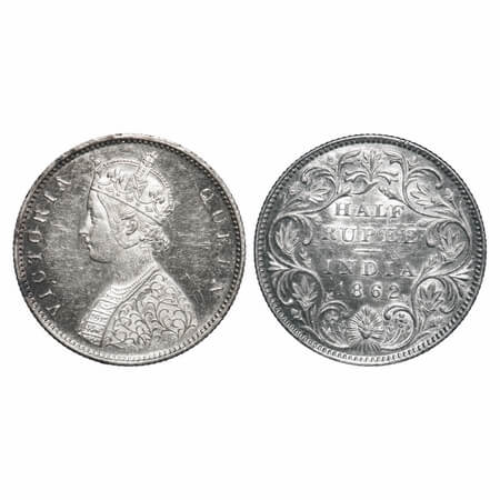 Victoria Queen, Silver, Half Rupee, 1862, Bombay Mint, B2/II, Round Pearls, With raised ve