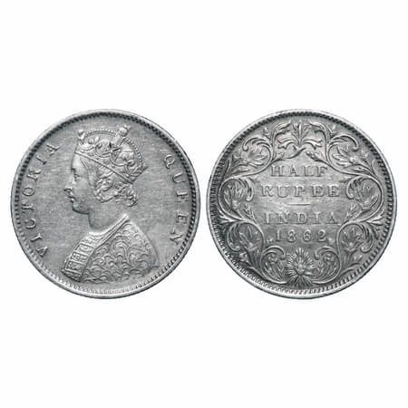Victoria Queen, Silver, Half Rupee, 1862, Bombay Mint, B2/II, Round Pearls, With raised ve