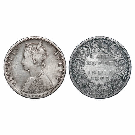 Victoria Queen, Silver, Half Rupee, 1862, Madras Mint, B2/II, Elongated Pearls with raised