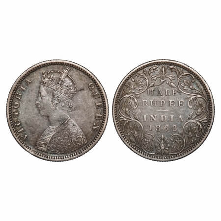 Victoria Queen, Silver, Half Rupee, 1862, Madras Mint, B2/II, Elongated Pearls with raised