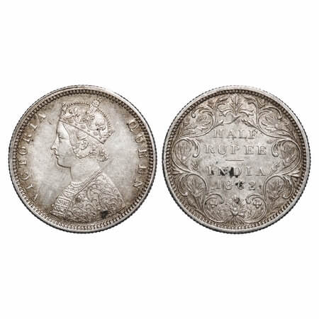 Victoria Queen, Silver, Half Rupee, 1862, Madras Mint, B2/II, Elongated Pearls with raised