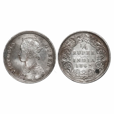 Victoria Queen, Silver, 1/4 Rupee, 1862, Calcutta Mint, A/I. F. Prid 376. GK 375. Extremel