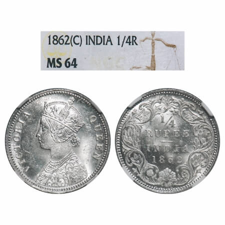 Victoria Queen, Silver, 1/4 Rupee, 1862, Calcutta Mint, A/I. F. Prid 376. GK 375. NGC Slab
