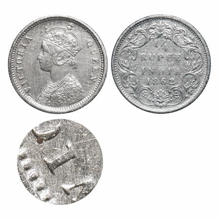 Victoria Queen, Silver, 1/4 Rupee, 1862, Bombay Mint, A/I, Error, 1st letter 'I' in Victor