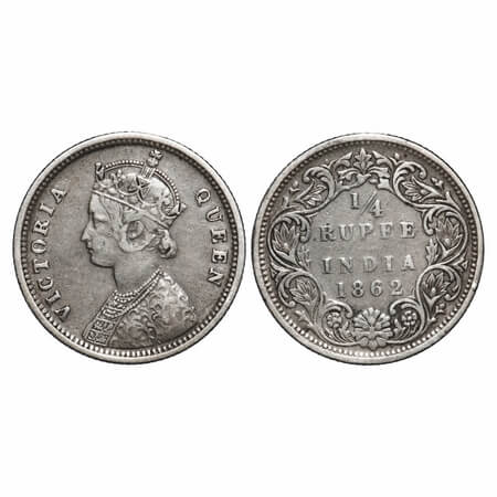 Victoria Queen, Silver, 1/4 Rupee, 1862, Bombay Mint, A/I. F. Prid 377. GK 377. Very Fine+