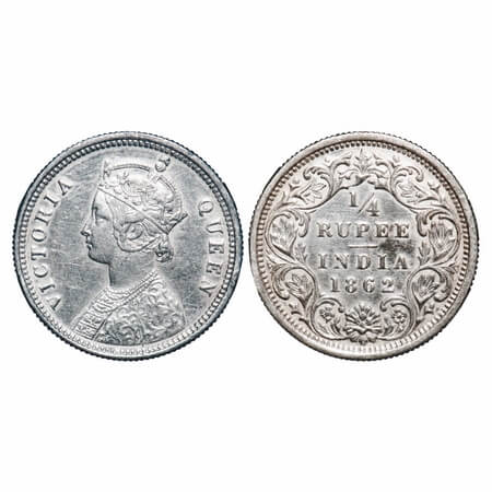 Victoria Queen, Silver, 1/4 Rupee, 1862, Bombay Mint, A/I. F. Prid 377. GK 377. Extremely 