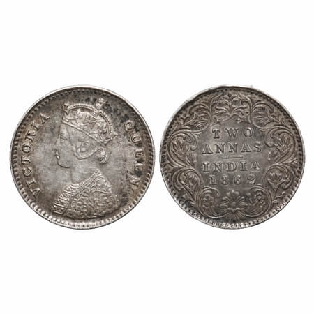 Victoria Queen, Silver, 2 Annas, 1862, Calcutta Mint, A/I, Bottom flower center top 3 peta