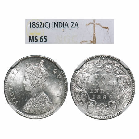 Victoria Queen, Silver, 2 Annas, 1862, Calcutta Mint, A/I, Bottom flower center top petal 