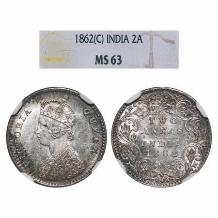 Victoria Queen, Silver, 2 Annas, 1862, Calcutta Mint, A/I, Bottom flower center top petal 