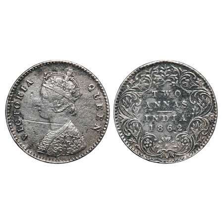 Victoria Queen, Silver, 2 Annas, 1862, Calcutta Mint, A/II, Bottom flower center top petal