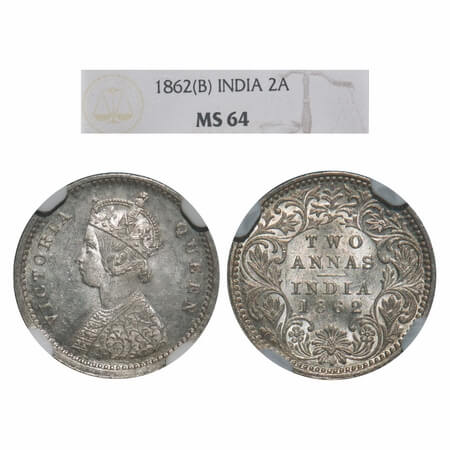 Victoria Queen, Silver, 2 Annas, 1862, Bombay Mint, A/I, Bottom flower centre top petal br