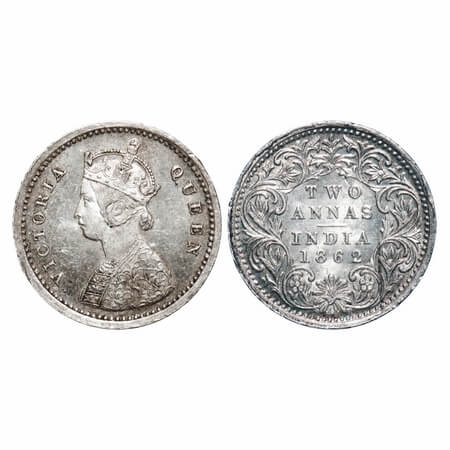 Victoria Queen, Silver, 2 Annas, 1862, Bombay Mint, A/I, Bottom flower center top petal br