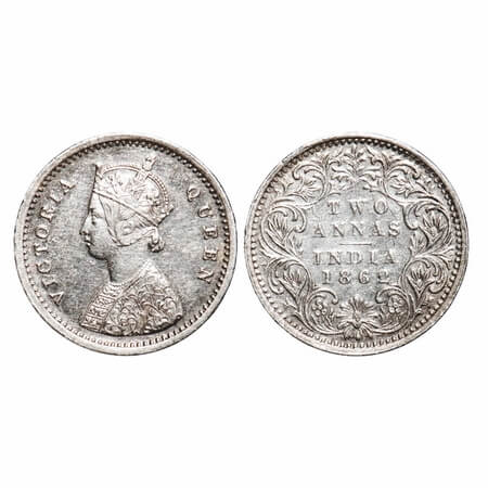Victoria Queen, Silver, 2 Annas, 1862, Bombay Mint, A/I, Bottom flower center top petal br