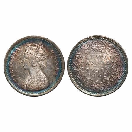 Victoria Queen, Silver, 2 Annas, 1862, Bombay Mint, A/I, Bottom flower center top petal br