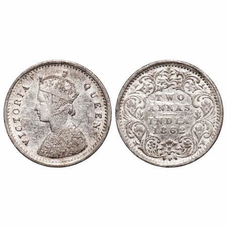 Victoria Queen, Silver, 2 Annas, 1862, Bombay Mint, A/I, Bottom flower center top petal br