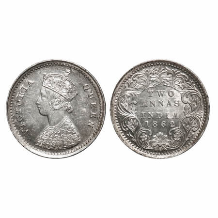 Victoria Queen, Silver, 2 Annas, 1862, Madras Mint, A/I, Bottom flower center top petal br