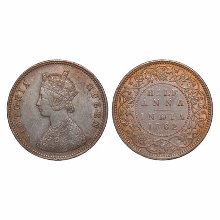 Victoria Queen, Copper, Half Anna, 1862, Calcutta Mint, B/II, Pineapple like flower buds, 