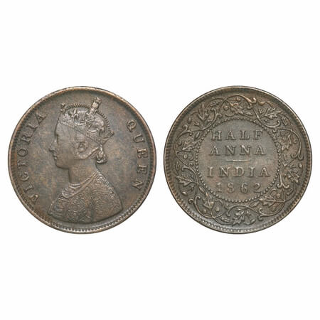 Victoria Queen, Copper, Half Anna, 1862, Madras Mint, A/I(i), Flowers with 5 dots around a