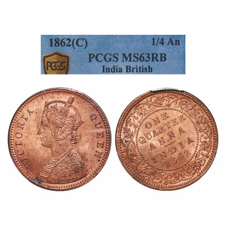 Victoria Queen, Copper, Quarter Anna, 1862, Calcutta Mint, No mint mark, A/I, No privy mar