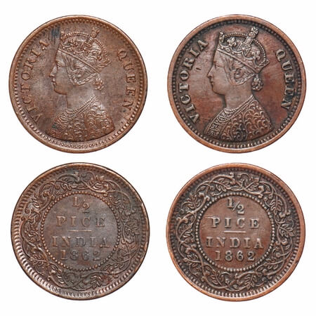 Victoria Queen, Copper, 1/2 Pice, (2 coins), 1862, Calcutta Mint, A/I, The Queens jabot ha