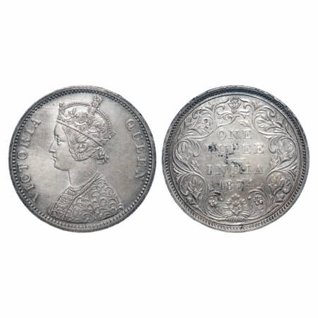 Victoria Queen, Silver, Rupee, 1874, Bombay Mint, A2/II, No dot, Normal numeral 4. F. Prid