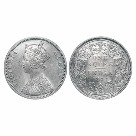 Victoria Queen, Silver, Rupee, 1874, Bombay Mint, A2/II, No dot, Broken numeral 4. F. Prid
