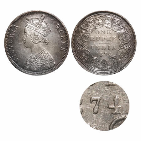 Victoria Queen, Silver, Rupee, 1874, Bombay Mint, A2/II, No dot, Flat shoulder, Mechanical